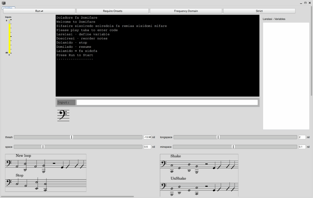 A SuperCollider GUI window with buttons across the top, a server meter, a large text area, a list tot he side, an input bar, a bass cleff with nothing following it, four sliders controlling thresholds, two images containing four bass cleff cyctems between them, labelled, "Record Loop", "Stop" "Shake" and "Unshake"
