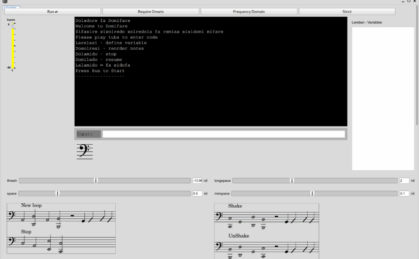 A SuperCollider GUI window with buttons across the top, a server meter, a large text area, a list tot he side, an input bar, a bass cleff with nothing following it, four sliders controlling thresholds, two images containing four bass cleff cyctems between them, labelled, "Record Loop", "Stop" "Shake" and "Unshake"
